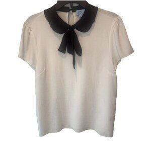 CeCe Womens Ivory Black Collared Puff Sleeve Pin Tuck Top Large Academia Preppy